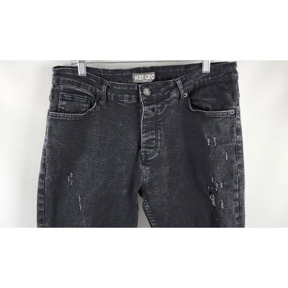 Kenzo Paris Jeans Mens 36x29 Black Button Fly Distressed Denim - Picture 2 of 13